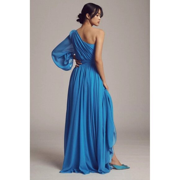 Sachin & Babi Size 2 Blue Makayla One-Shoulder Blouson-Sleeve Gown Dress Prom - Picture 2 of 15